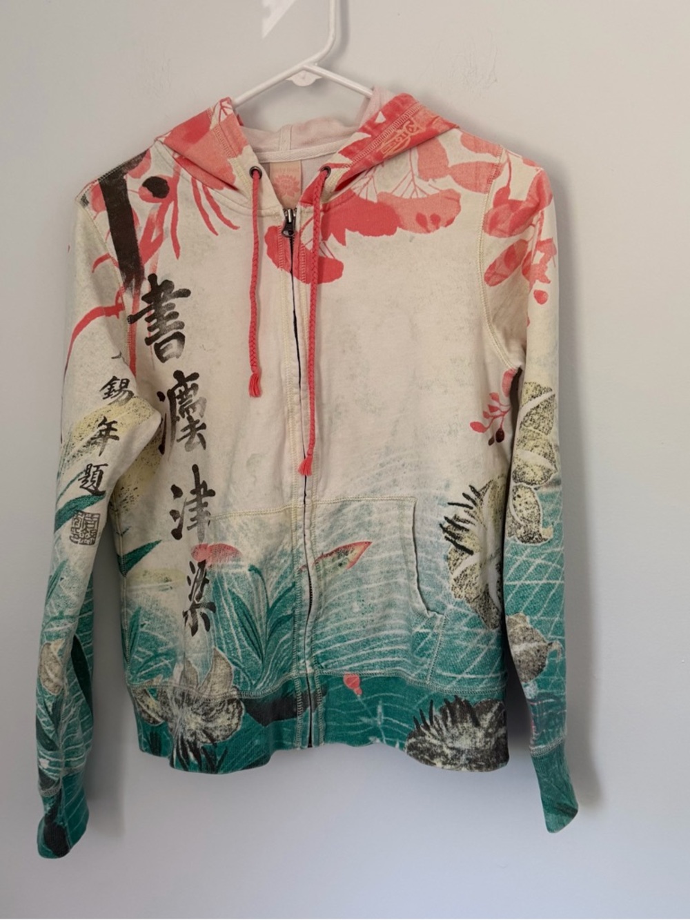 Lucky Brand Vintage Y2K Japanese inspired graphic zip up hoodie Kanji Floral M